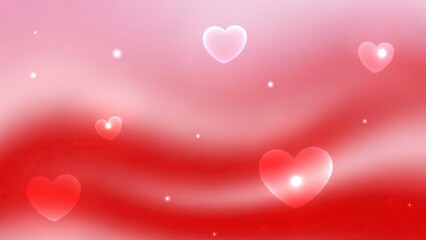 Soft pink and red wave background with glowing hearts and light spots
