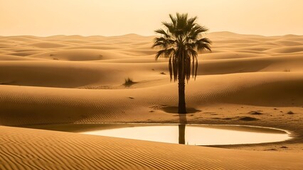 Serene oasis in the heart of a vast desert with a solitary palm tree reflecting in a calm water pool amidst golden sand dunes at sunset