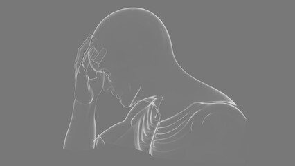3d man holding head, symbolising headache and migraine, stress and anxiety, medical illustration