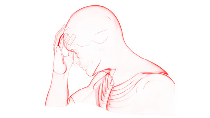 3d man holding head, symbolising headache and migraine, stress and anxiety, medical illustration