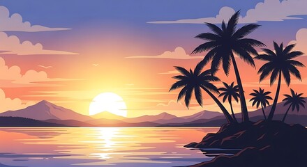 Tropical island palm trees at sunset over calm ocean water image