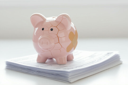 A cracked piggy bank with a bandage sitting atop a pile of financial documents, symbolizing financial hardship