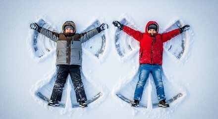 Two boys making snow angels on a bright winter day children