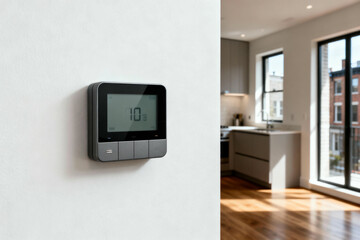 A modern thermostat installed on a wall with kitchen background. The thermostat is displaying the current temperature