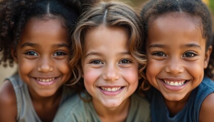 Fototapeta premium Three smiling children look at camera. Diverse kids happy faces, mixed race friends together. Childhood innocence shown, sharing joy and friendship.