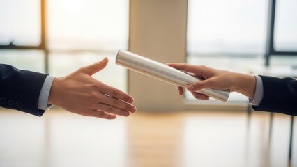 Hand passing Baton Closeup of a hand passing a relay baton to another hand. Concept of succession planning, teamwork, delegation, and smooth transition in business
