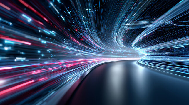 Futuristic tunnel of glowing light trails representing speed, data flow, and advanced technology.
- Powered by Adobe