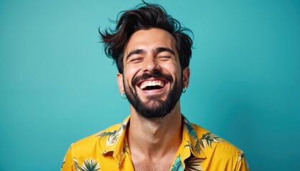 Man laughs heartily with eyes closed against bright blue backdrop. He wears vibrant yellow floral shirt. Hair styled casually, beard well-groomed. Expression conveys pure joy.