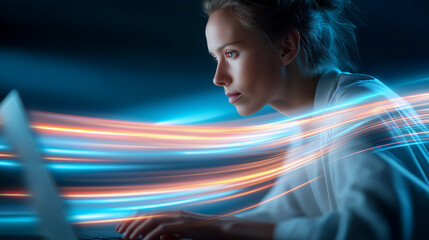 Focused woman typing on laptop with colorful motion light streaks symbolizing speed and productivity.
