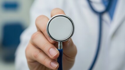 Hand with Stethoscope Doctor hand holding a stethoscope diaphragm towards the camera. Concept of medical checkup, listening to the heart, and diagnosis
