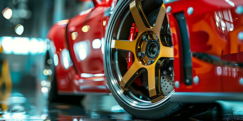 Gold Alloy Wheel on Red Sports Car