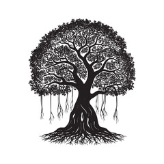 A black and white illustration of a tree with exposed roots and a full canopy