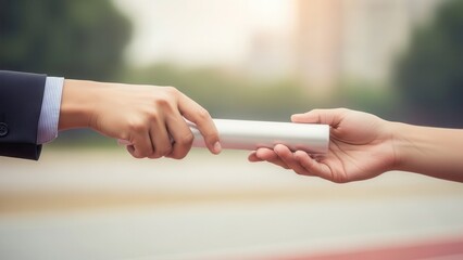 Hand passing Baton Closeup of a hand passing a relay baton to another hand. Concept of succession planning, teamwork, delegation, and smooth transition in business