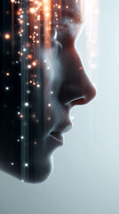 Obraz premium Futuristic human face with digital interface elements symbolizing artificial intelligence. 