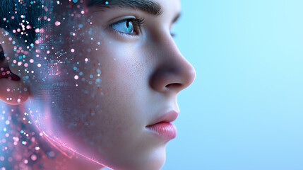 Futuristic human face with digital interface elements symbolizing artificial intelligence.
