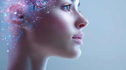 Futuristic human face with digital interface elements symbolizing artificial intelligence.
