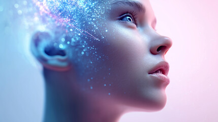 Futuristic human portrait with glowing neural interface symbolizing artificial intelligence.
