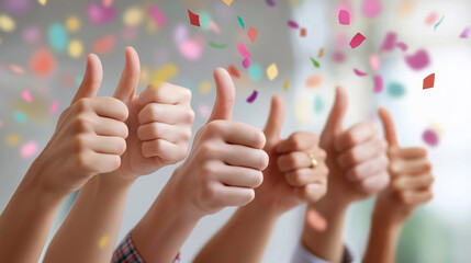 Multiple hands show thumbs up surrounded by colorful confetti celebrating success, approval, and positive achievement.

