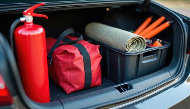 Car trunk organized with fire extinguisher red bag and black storage box containing rolled mat and orange items. Ready for travel or emergency preparedness.
