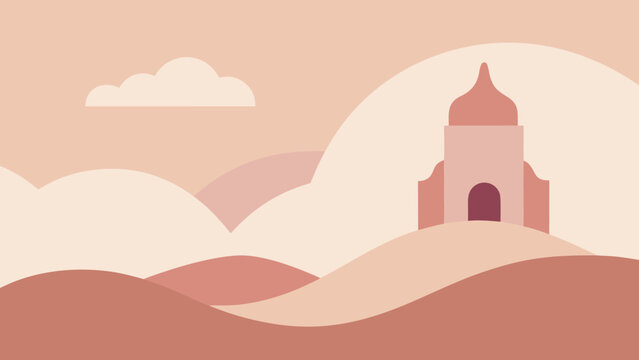 Pastel Paper Cut Style Vector Landscape with Mosque and Clouds Background