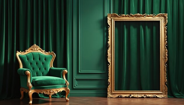 Ornate gold frame, plush velvet armchair are set against rich green drapes. Elegant interior setting with classic design elements. Luxurious space for product display or event announcement backdrop.