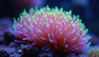 Pink anemone with green tips glows in dark aquarium reef. Tiny tentacles undulate gently underwater. Marine life closeup shows coral ecosystem beauty.