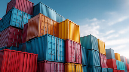 Stacked colorful shipping containers at cargo terminal under clear sky.
