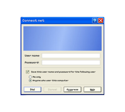Windows XP dial up internet connection UI vector design showing classic connection window, modem status and progress dialog in vintage retro style on transparent background.