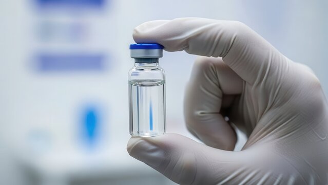 Medical hand wearing glove holding vaccine vial for immunization campaign awareness