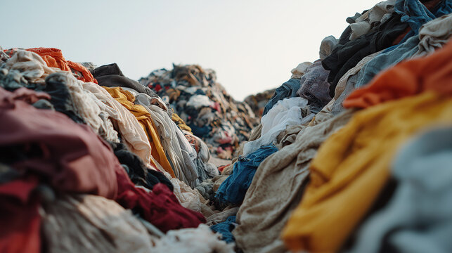 A massive pile of discarded clothing forms a landfill landscape symbolizing fast fashion waste and pollution.

