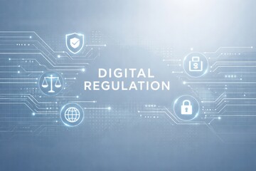 Digital Regulation With Icons of Scales, Globe, Shield, Lock, and Dollar Sign on a Blue Background Highlighting Technology and Security