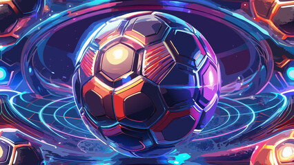 Fototapeta premium Very beautiful radiant soccer ball glowing with neon rings and soft reflections, suspended in space, blending elegance, motion, and futuristic sports aesthetics into a powerful visual statement.