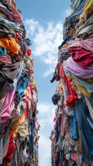 Fototapeta premium A massive pile of discarded clothing forms a landfill landscape symbolizing fast fashion waste and pollution. 