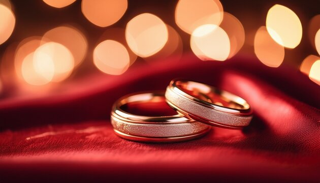 elegant golden wedding rings displayed on luxurious red fabric with soft bokeh lights in the background
