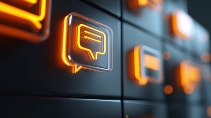 Glowing chat message icons float in a dark digital space symbolizing online communication and social media.
