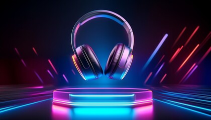 futuristic wireless headphones levitating above a sleek platform with vibrant neon lighting effects