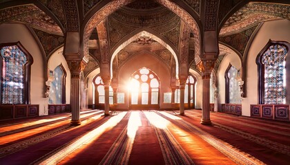 Obraz premium majestic interior of a grand mosque with sunlight streaming through ornate stained glass windows