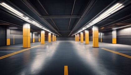 Obraz premium empty underground parking garage illuminated by fluorescent lights and marked by yellow lines and column markers
