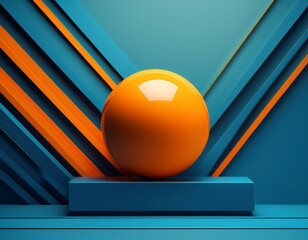 vibrant orange sphere balanced on sharp angular blue geometric planes in a modern minimalist abstract composition