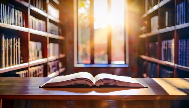 book on wooden table with library shelves in background and sunlight pouring through the open window