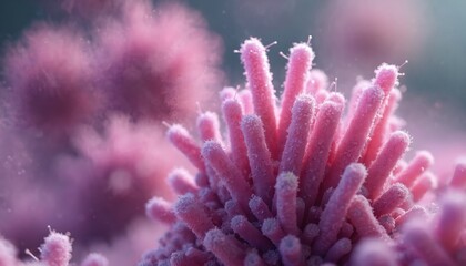 Close up of pink Mycoplasma pneumoniae bacteria cells forming a colony structure. Microscopic view shows filamentous microorganisms causing respiratory illness.