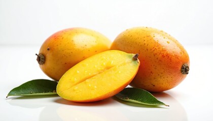 Two ripe mangoes, one half mango with green leaves sit on clean white surface. Water droplets glisten on vibrant yellow fruit. Juicy tropical produce perfect for food blogs healthy eating content.