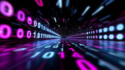 A futuristic tunnel of glowing binary code creates a dynamic visualization of digital data flow and cyberspace.