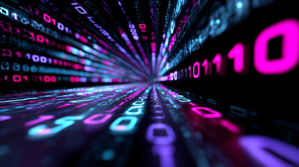 A futuristic tunnel of glowing binary code creates a dynamic visualization of digital data flow and cyberspace.
