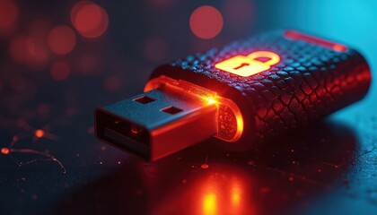 Close up of USB flash drive with glowing lock symbol. Secure data storage and safe transfer of digital information concept. Futuristic tech.