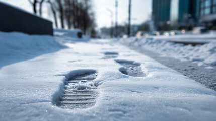 Footprints in fresh snow lead along a quiet urban street during a cold winter day.
