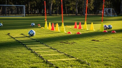 A soccer training field with agility ladder and cones for player development and exercise.