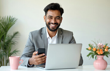 Young indian businessman smiles working on laptop at desk with phone. He holds smartphone, uses computer in office. Pro wears suit near plant, flowers, pink mug.