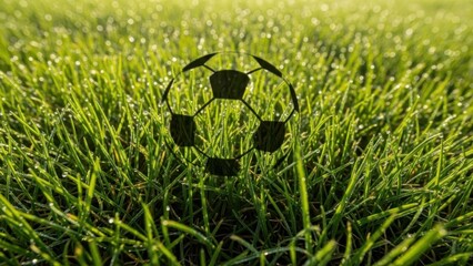 A soccer ball logo sits in a lush green grass field on a sunny day with a blurred background.