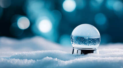 A clear glass sphere rests on fresh snow creating a cold, dreamy winter atmosphere with soft blue bokeh.
